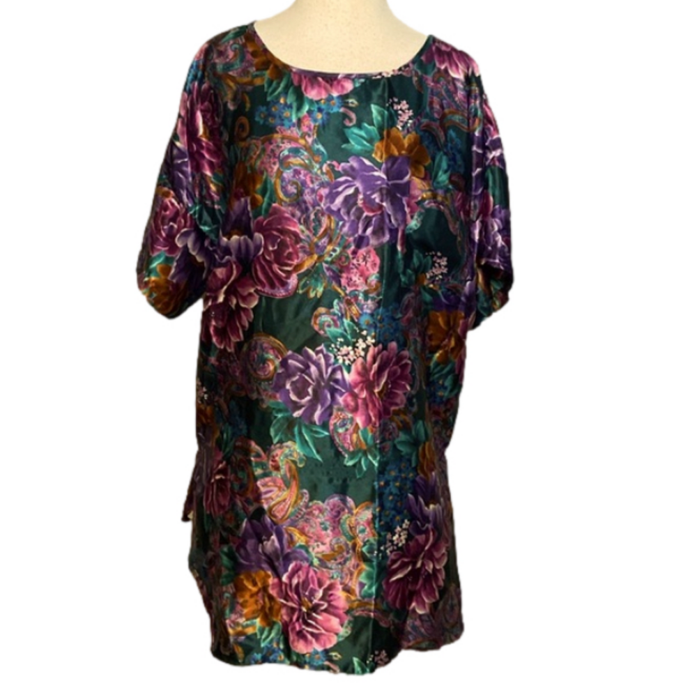 Vintage California Dynasty Floral Night Sleep Shirt Silky Green Pink Purple L